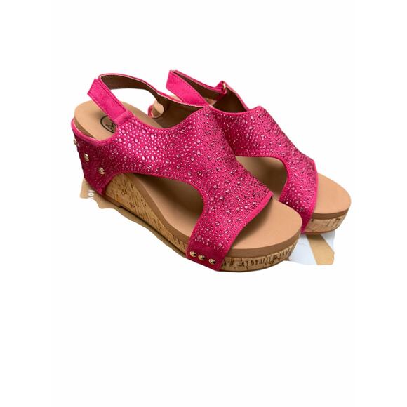 Makers Barbara Pink Crystal Wedge Sandals Size 7 | Rhinestone Cork Heels NWT Box - Picture 8 of 16